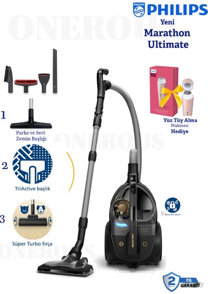 Marathon Ultimate Toz Torbasız Elektrikli Süpürge | Evcil Hayvan Tüylerine Etkili | Yüksek Emiş Gücü ve Gelişmiş Filtreleme + Philips Mini Yüz Tüy Temizleyici BRR454