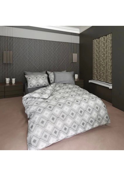 Gri ve Beyaz Etnik Baklava Desenli Nevresim Takımı – Çift Kişilik, %100 Pamuk, Yumuşak Dokulu
