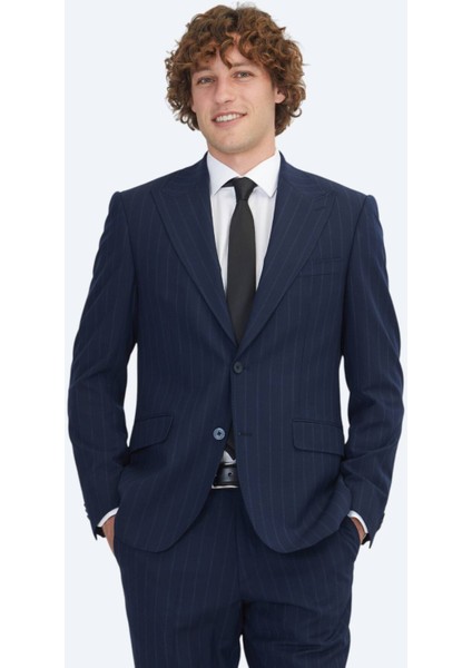 Lacivert Çizgili Modern Fit Yün Karışımlı Takım Elbise