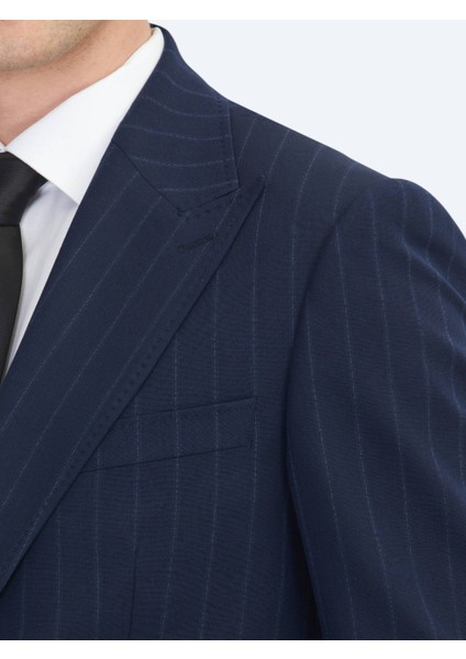 Lacivert Çizgili Modern Fit Yün Karışımlı Takım Elbise fırsatları