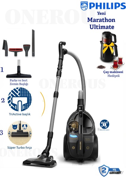 Marathon Elektrikli Süpürge | Toz Torbasız Teknoloji | Güçlü Emiş, Hijyenik Hepa Filtre ve Uzun Ömürlü Performans+Philips Çay Makinesi