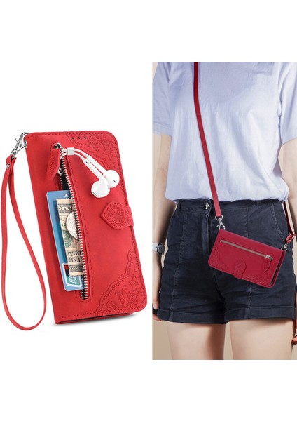 Samsung Galaxy A20E Fermuarlı Kese Manyetik Tam Koruma Yumuşak Pu Deri Kapaklı Cüzdan Telefon Kılıfı Kart Tutucu ve Uzun Askılı (Yurt Dışından)