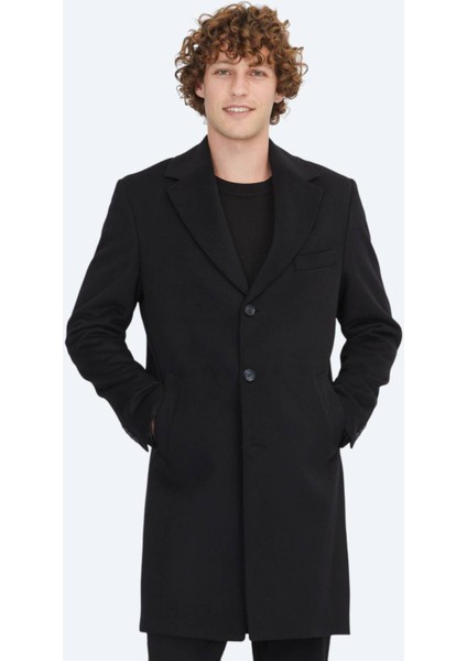 Siyah Regular Fit Kelebek Yaka Klasik Dokuma Palto