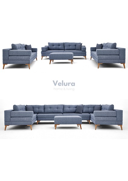 Zeri Modüler Yataklı 3 Adet Üçlü Kanepe & 3'lü Koltuk (3+3+3) - Mavi