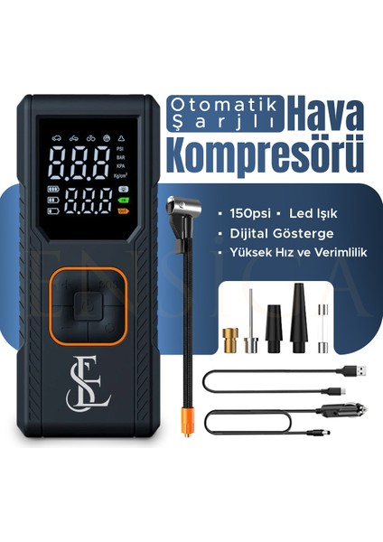 Otomatik Şarjlı 150PSI Dijital Gösterge Araba Hava Kompresörü Lastik Pompası Şişirme LED Işık