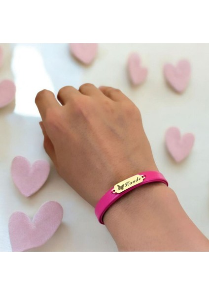 14 Ayar Plakalı Altın Hande Ismine Özel Doğal Pembe Derili Kelebek Figürlü Hediye BILEKLIK-651ISIM