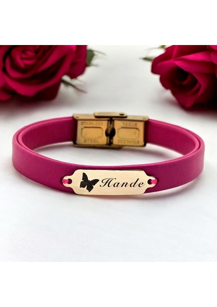 14 Ayar Plakalı Altın Hande Ismine Özel Doğal Pembe Derili Kelebek Figürlü Hediye BILEKLIK-651ISIM fiyatları