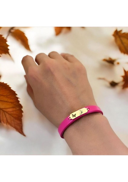 Altın Plakalı 14 Ayar Hz Ali Temalı Pembe Derili Kelebek Figürlü Hediye BILEKLIK-651SEMBOL