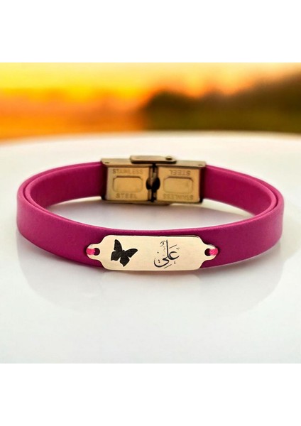 Altın Plakalı 14 Ayar Hz Ali Temalı Pembe Derili Kelebek Figürlü Hediye BILEKLIK-651SEMBOL fiyatları