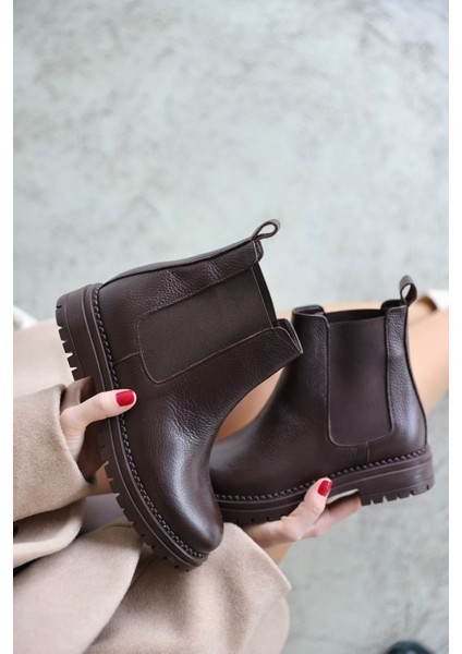 Whitney Hakiki Deri Lastikli Kadın Kısa Bot - Kahverengi