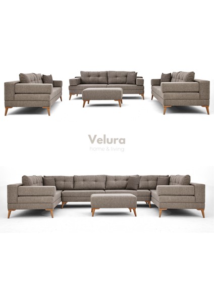 Zeri Modüler Yataklı 3 Adet Üçlü Kanepe & 3'lü Koltuk (3+3+3) - Sütlü Kahve