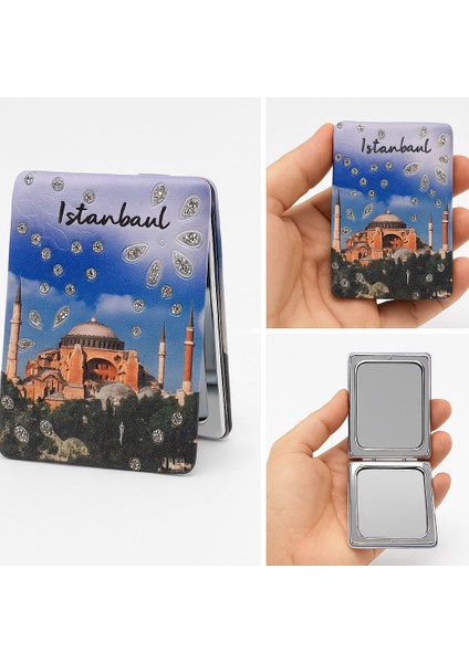 Istanbul Temalı Simli Büyüteçli Pratik Mini Cep Çanta Makyaj Aynası