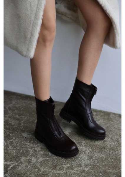 Lundy Hakiki Deri Fermuar Detaylı Kadın Bot-Kahverengi fiyatları