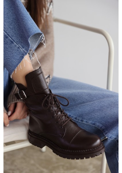 Fallon Hakiki Deri Toka Detaylı Kadın Bot - Kahverengi