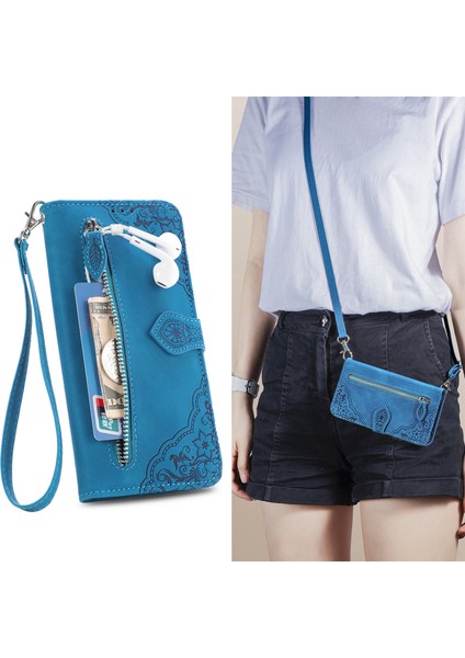 Motorola Moto E15 Fermuarlı Kese Manyetik Tam Koruma Yumuşak Pu Deri Kapaklı Cüzdan Telefon Kılıfı Kart Tutucu ve Uzun Askılı (Yurt Dışından)