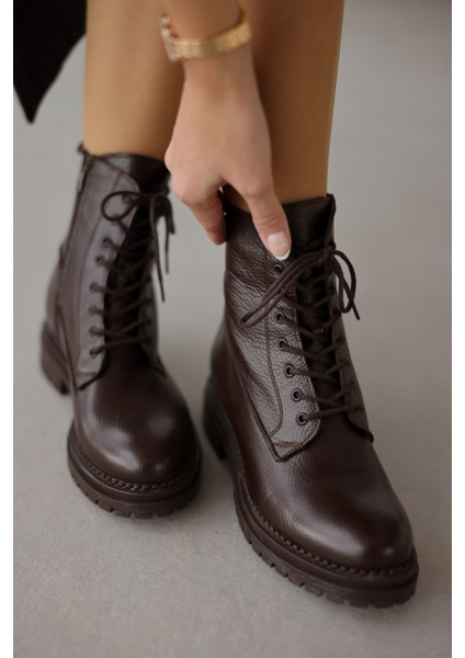 Pablo Hakiki Deri Bağcıklı Kadın Bot - Kahverengi