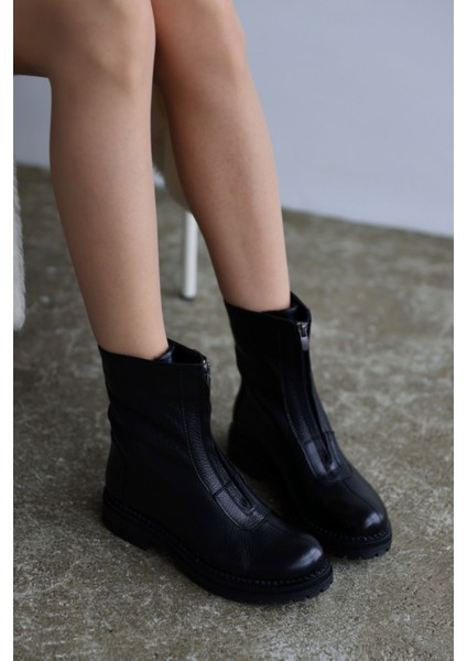 Lundy Hakiki Deri Fermuar Detaylı Kadın Bot - Siyah