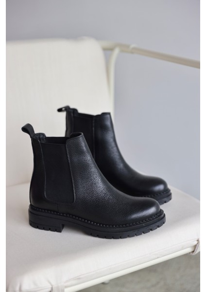 Whitney Hakiki Deri Lastikli Kadın Kısa Bot - Siyah