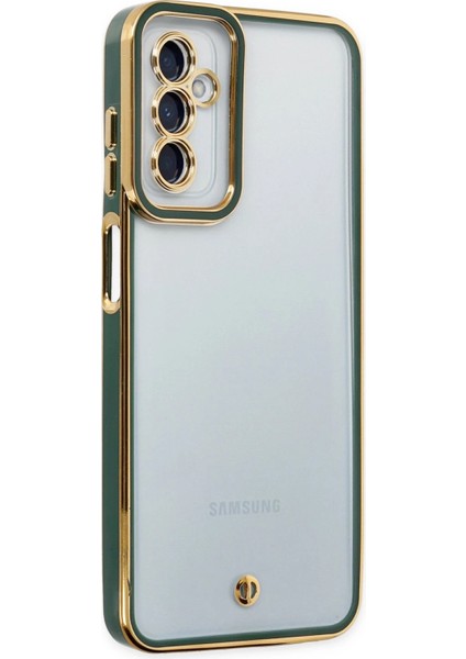 Samsung Galaxy M23 Elegant Liva Lens Kapak – (Şeffaf Gövde, Altın Çerçeveli Kamera Koruma) - Yeşil