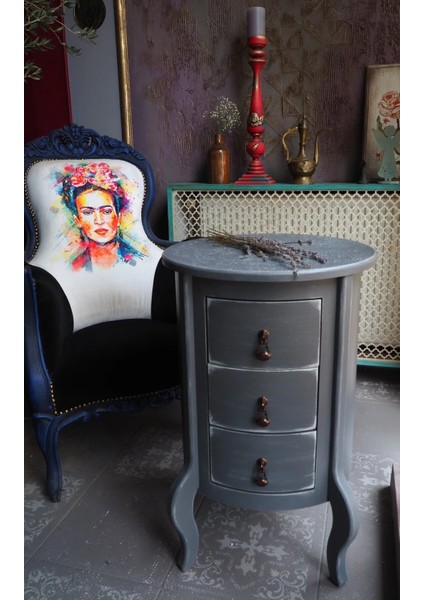 Gri Eskitme 3 Çekmeceli Vintage Komodin