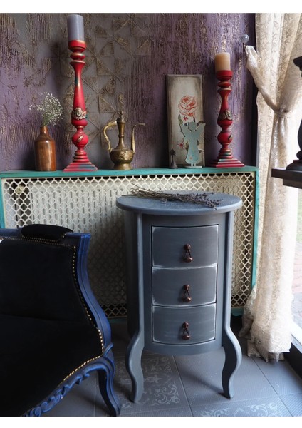 Gri Eskitme 3 Çekmeceli Vintage Komodin