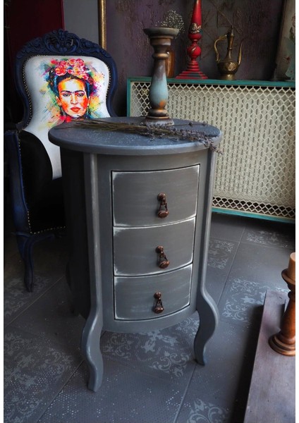 Gri Eskitme 3 Çekmeceli Vintage Komodin