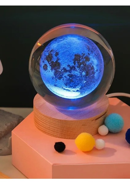 3D Ay Küre Kristal LED Gece Lambası – Usb'li Ahşap Standlı LED Masa Lambası & Gece Lambası Rgb LED