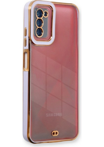 Samsung Galaxy A03S Elegant Liva Lens Kapak – (Şeffaf Gövde, Altın Çerçeveli Kamera Koruma) - Lila indirimleri