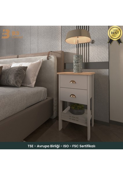 Retro Serisi Özel Tasarım Yatak Yanı – Kolay Kurulum - Çift Çekmeceli Komodin Safir Meşe - Beyaz