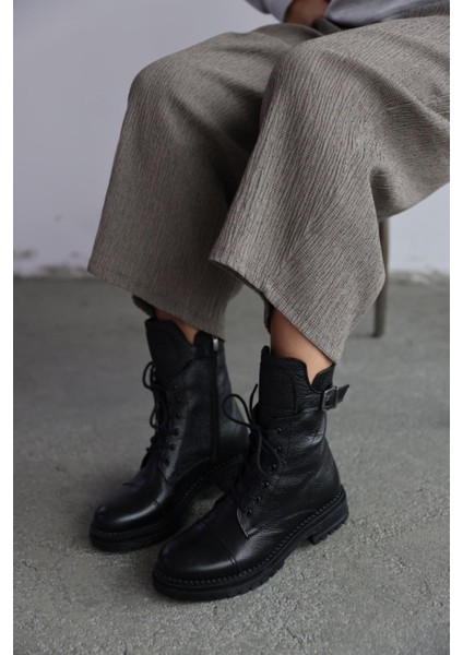 Fallon Hakiki Deri Toka Detaylı Kadın Bot - Siyah fiyatları