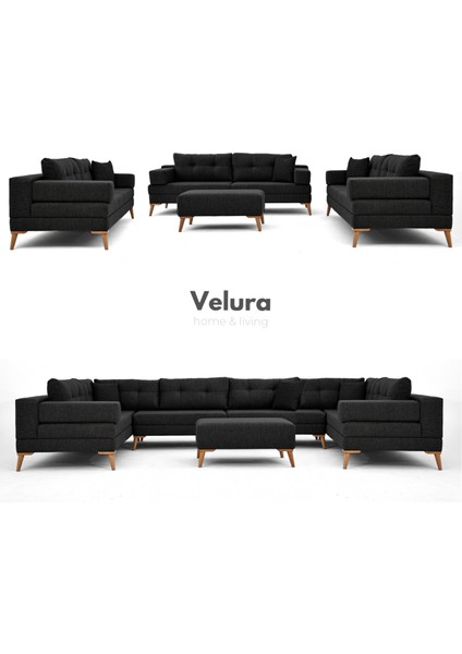 Zeri Modüler Yataklı 3 Adet Üçlü Kanepe & 3'lü Koltuk (3+3+3) - Siyah