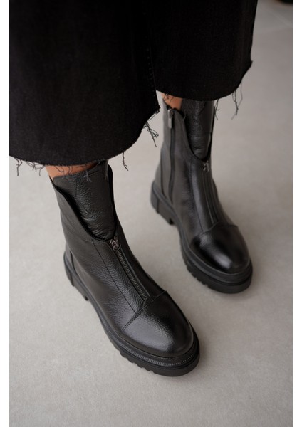 Mena Hakiki Deri Küt Burunlu Ön Kısımda Fermuar Aksesuarlı Kadın Bot- Siyah fiyatları