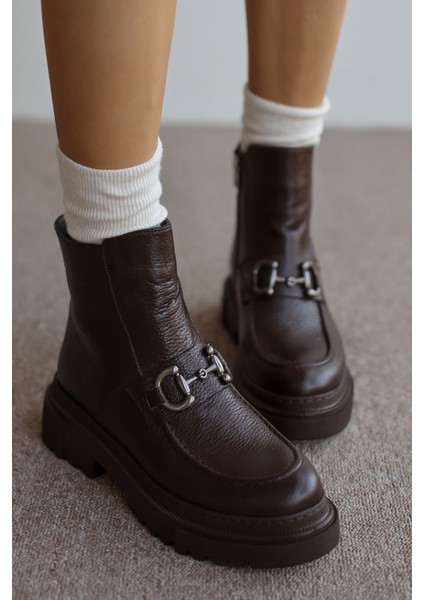 Melodi Hakiki Deri Önden Toka Detaylı Fermuarlı Bot- Acı Kahve modelleri