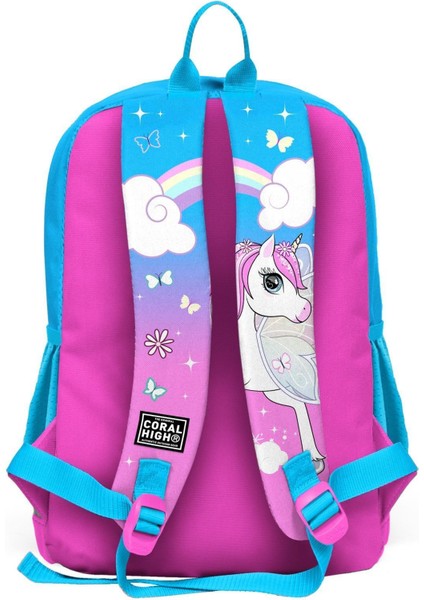 İlkokul Sırt Çantası 4 Bölmeli Ortopedik Unicorn Desenli Mavi Neon Pembe Kız Çocuk 27x38x14 cm