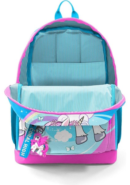 İlkokul Sırt Çantası 4 Bölmeli Ortopedik Unicorn Desenli Mavi Neon Pembe Kız Çocuk 27x38x14 cm