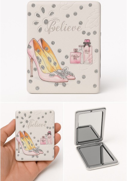 Topuklu Ayakkabı Tasarımlı Simli Büyüteçli Pratik Mini Cep Çanta Makyaj Aynası