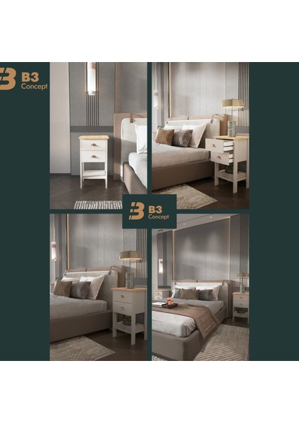 Retro Serisi Özel Tasarım Yatak Yanı – Kolay Kurulum - Çift Çekmeceli Komodin Safir Meşe - Beyaz modelleri