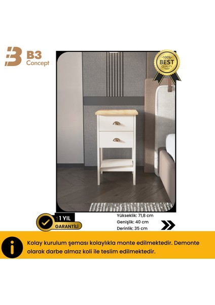 Retro Serisi Özel Tasarım Yatak Yanı – Kolay Kurulum - Çift Çekmeceli Komodin Safir Meşe - Beyaz indirimleri