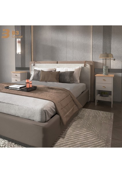 Retro Serisi Özel Tasarım Yatak Yanı – Kolay Kurulum - Çift Çekmeceli Komodin Safir Meşe - Beyaz