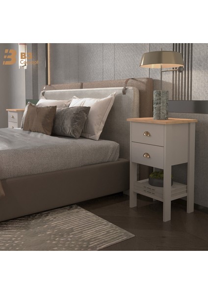 Retro Serisi Özel Tasarım Yatak Yanı – Kolay Kurulum - Çift Çekmeceli Komodin Safir Meşe - Beyaz