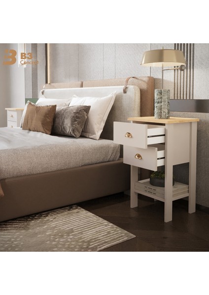 Retro Serisi Özel Tasarım Yatak Yanı – Kolay Kurulum - Çift Çekmeceli Komodin Safir Meşe - Beyaz