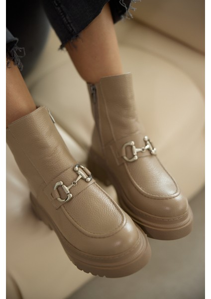 Melodi Hakiki Deri Önden Toka Detaylı Fermuarlı Bot- Bej Deri modelleri