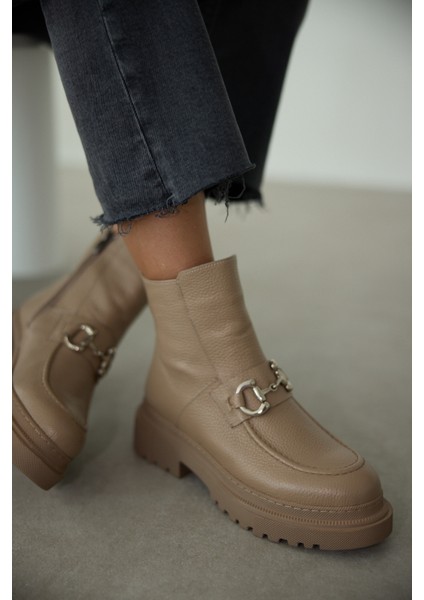 Melodi Hakiki Deri Önden Toka Detaylı Fermuarlı Bot- Bej Deri indirimleri