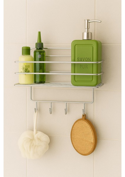 Paslanmaz Krom Yapışkanlı Banyo Duş Rafı Şampuanlık, 4 Kancalı, Dayanıklı, Şık Düzenleyici - Tş-01