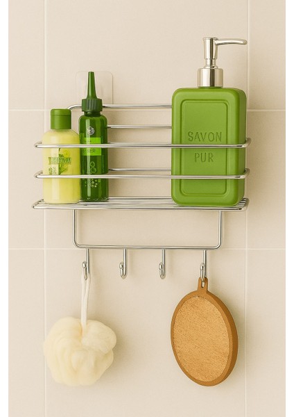 Paslanmaz Krom Yapışkanlı Banyo Duş Rafı Şampuanlık, 4 Kancalı, Dayanıklı, Şık Düzenleyici - Tş-01 indirimleri