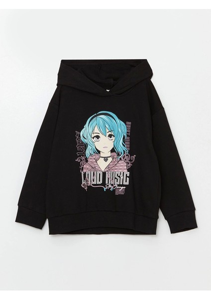 Lcw Kids Siyah Kapüşonlu Baskılı Kız Çocuk Sweatshirt