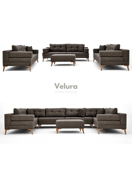 Zeri Modüler Yataklı 3 Adet Üçlü Kanepe & 3'lü Koltuk (3+3+3) - Kahve