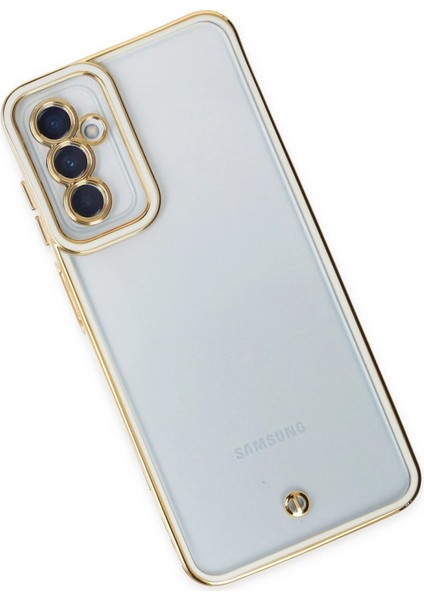 Samsung Galaxy M23 Elegant Liva Lens Kapak – (Şeffaf Gövde, Altın Çerçeveli Kamera Koruma) - Beyaz modelleri