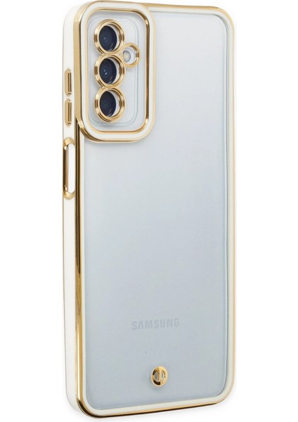 Samsung Galaxy M23 Elegant Liva Lens Kapak – (Şeffaf Gövde, Altın Çerçeveli Kamera Koruma) - Beyaz indirimleri