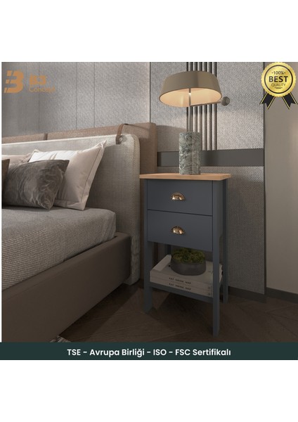 B3CONCEPT Retro Serisi Özel Tasarım Yatak Yanı - Kolay Kurulum - Çift Çekmeceli Komodin Antrasit Gri - Meşe